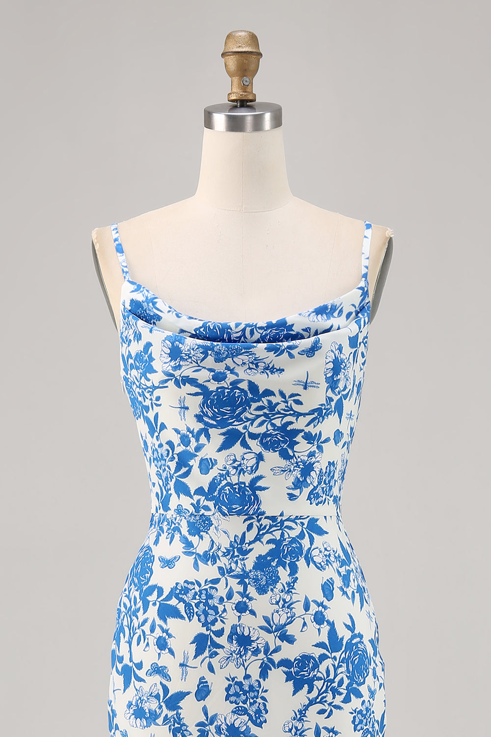 Blaue Blume Wasserfall Ausschnitt Meerjungfrau Langes Hochzeitsgastkleid