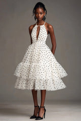Weißes A-Linie Neckholder Cut-Out Schwarzes Polka Dot Kleid