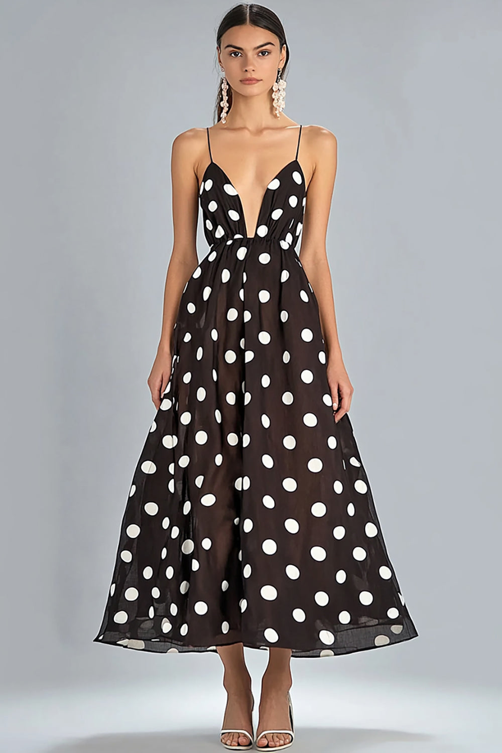 Kaffee A-Linie Spaghettiträger Weißes Kleid mit Polka Dots