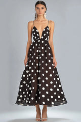 Kaffee A-Linie Spaghettiträger Weißes Kleid mit Polka Dots