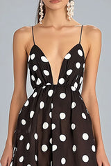 Kaffee A-Linie Spaghettiträger Weißes Kleid mit Polka Dots