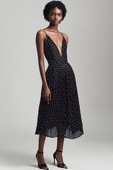 Schwarzes Spaghettiträger V-Ausschnitt A Linie Weißes Polka Dots Kleid