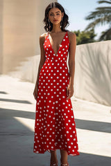 Rotes Spaghettiträger V-Ausschnitt A-Linie Weißes Polka Dots Kleid