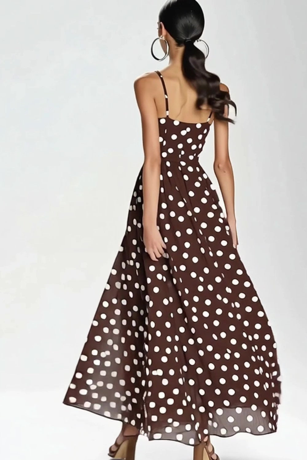 Kaffee Spaghettiträger Langes A-Linie Kleid mit weißen Polka Dots