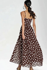Kaffee Spaghettiträger Langes A-Linie Kleid mit weißen Polka Dots