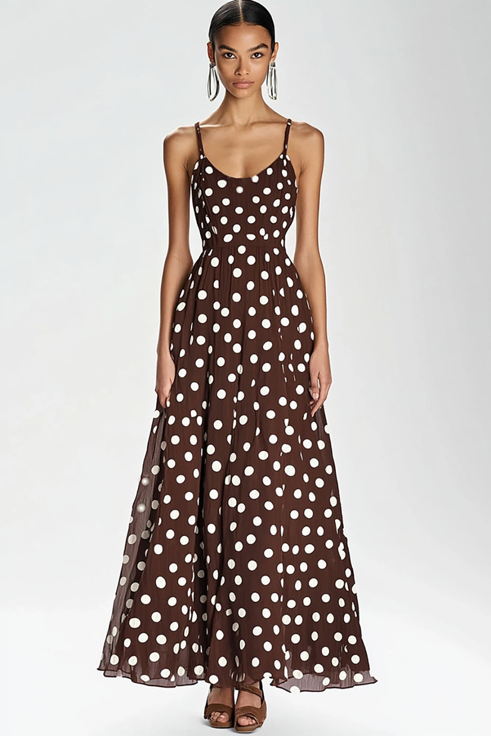 Kaffee Spaghettiträger Langes A-Linie Kleid mit weißen Polka Dots