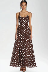 Kaffee Spaghettiträger Langes A-Linie Kleid mit weißen Polka Dots