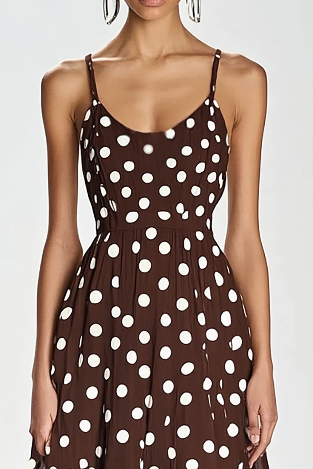 Kaffee Spaghettiträger Langes A-Linie Kleid mit weißen Polka Dots