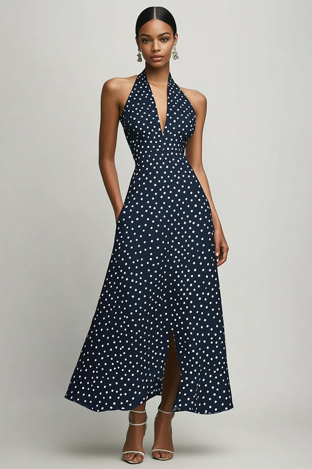 Marineblaues A-Linie Neckholder Kleid mit weißen Polka Dots und Schlitz