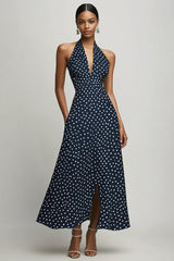 Marineblaues A-Linie Neckholder Kleid mit weißen Polka Dots und Schlitz