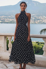 Hochgeschlossenes Schwarzes Weißes A-Linie Polka-Dots Kleid