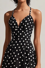 Schwarz Weiß Spaghettiträger A-Linie Polka Dots Kleid