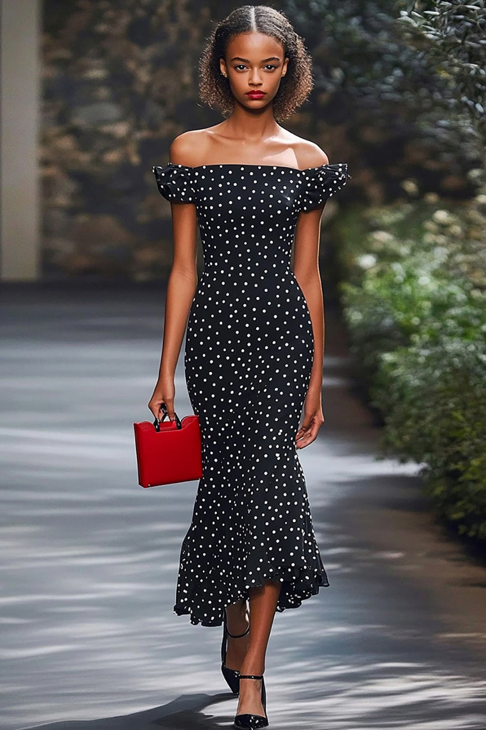 Mermaid Schulterfreies Schwarz-weißes Polka Dot Kleid