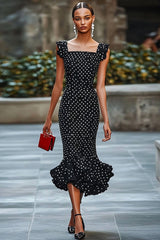 Meerjungfrau Schwarz Weißes Polka Dots Kleid mit Rüschen