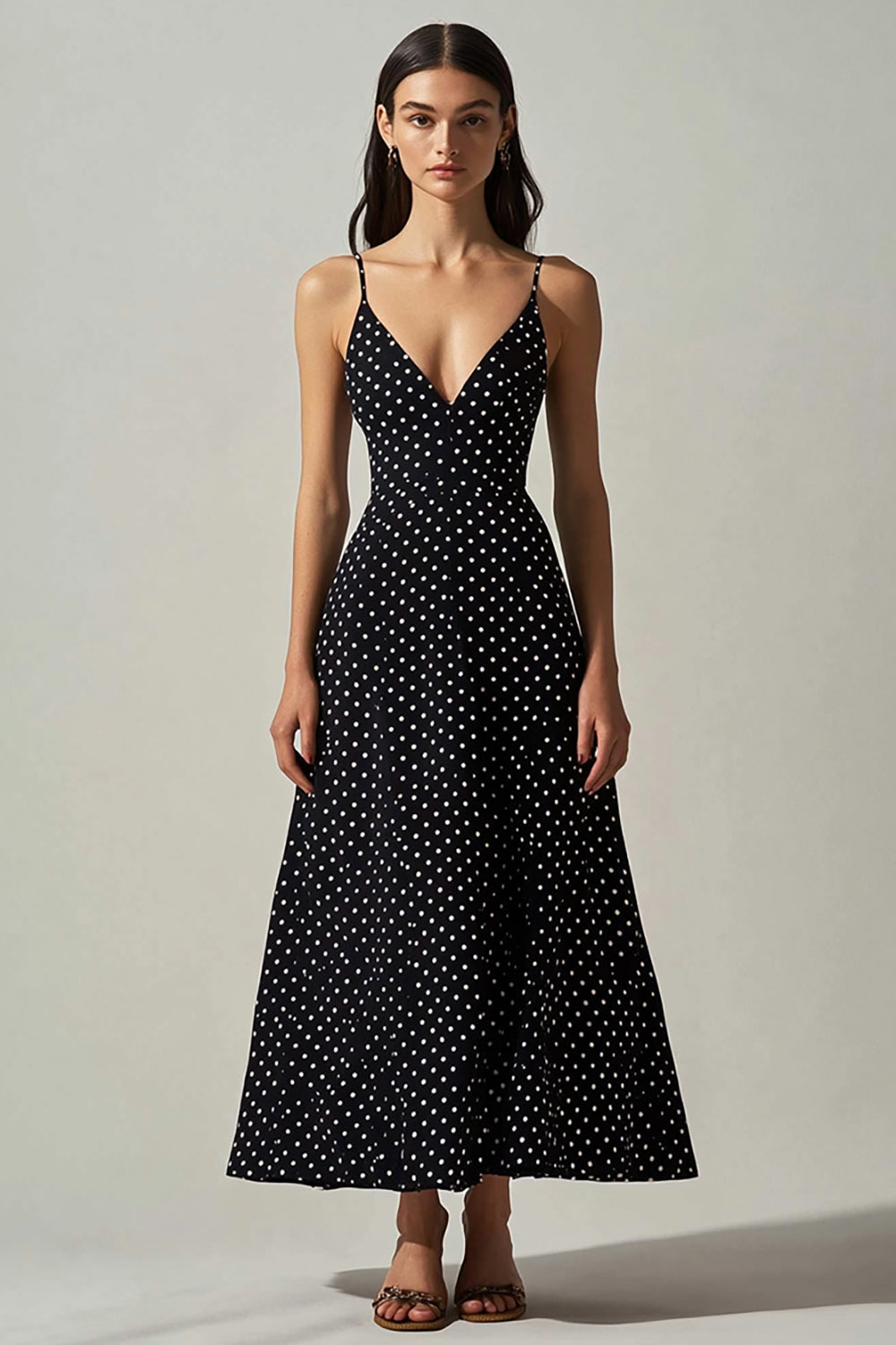 Schwarz weißes A-Linie Polka-Dot Kleid mit V-Ausschnitt