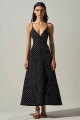 Schwarz weißes A-Linie Polka-Dot Kleid mit V-Ausschnitt