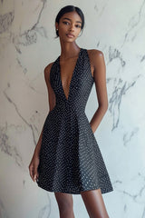 A Linie Neckholder Mini V-Ausschnitt Schwarz Weiß Polka Dots Kleid