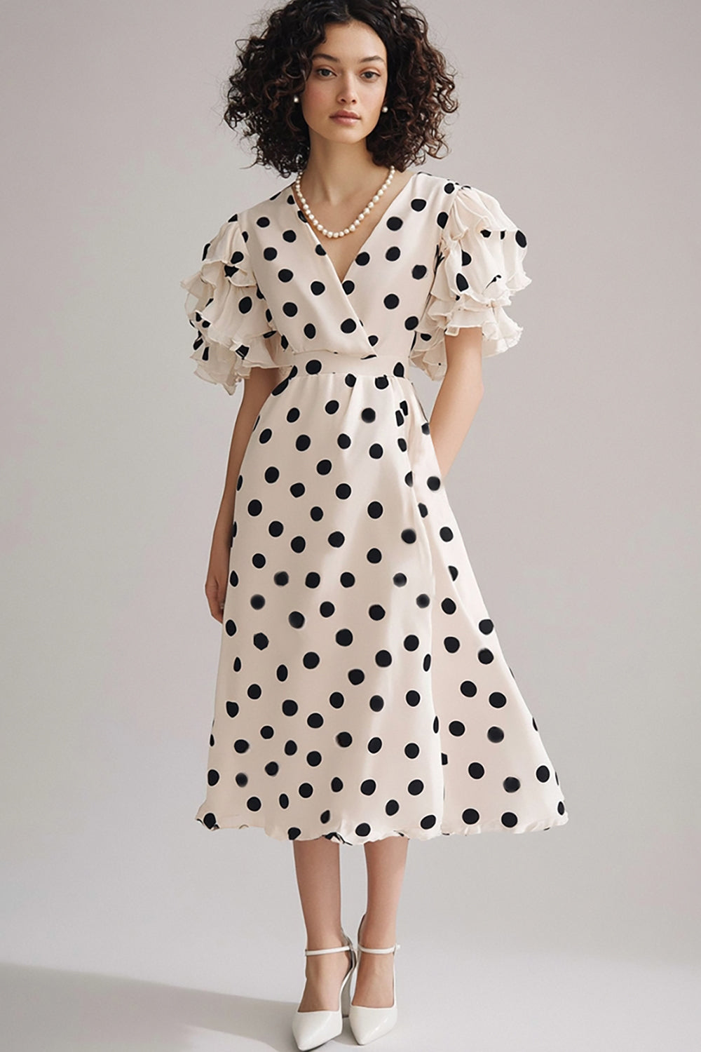 A Linie Elfenbein Schwarzes Dots Cocktailkleid mit V-Ausschnitt und kurzen Ärmeln