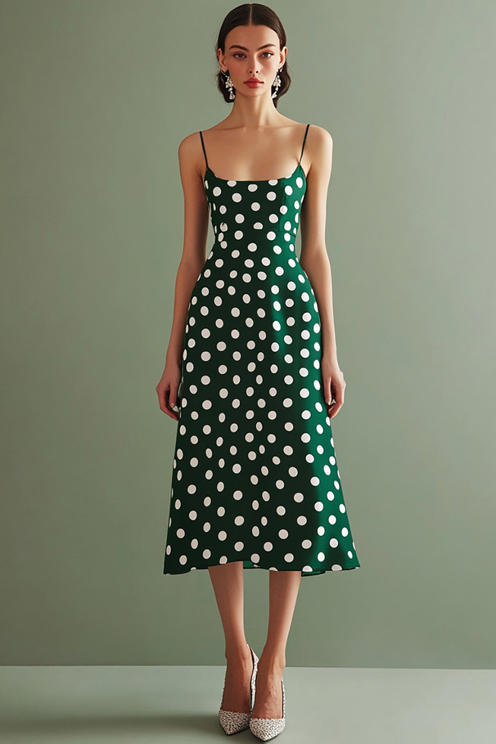 Grün Weiß Spaghettiträger A Linie Midi Polka Dots Kleid