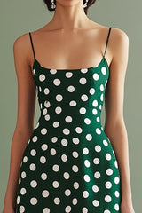 Grün Weiß Spaghettiträger A Linie Midi Polka Dots Kleid