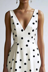 A Linie Midi V-Ausschnitt Weißes schwarzes Polka Dots Kleid