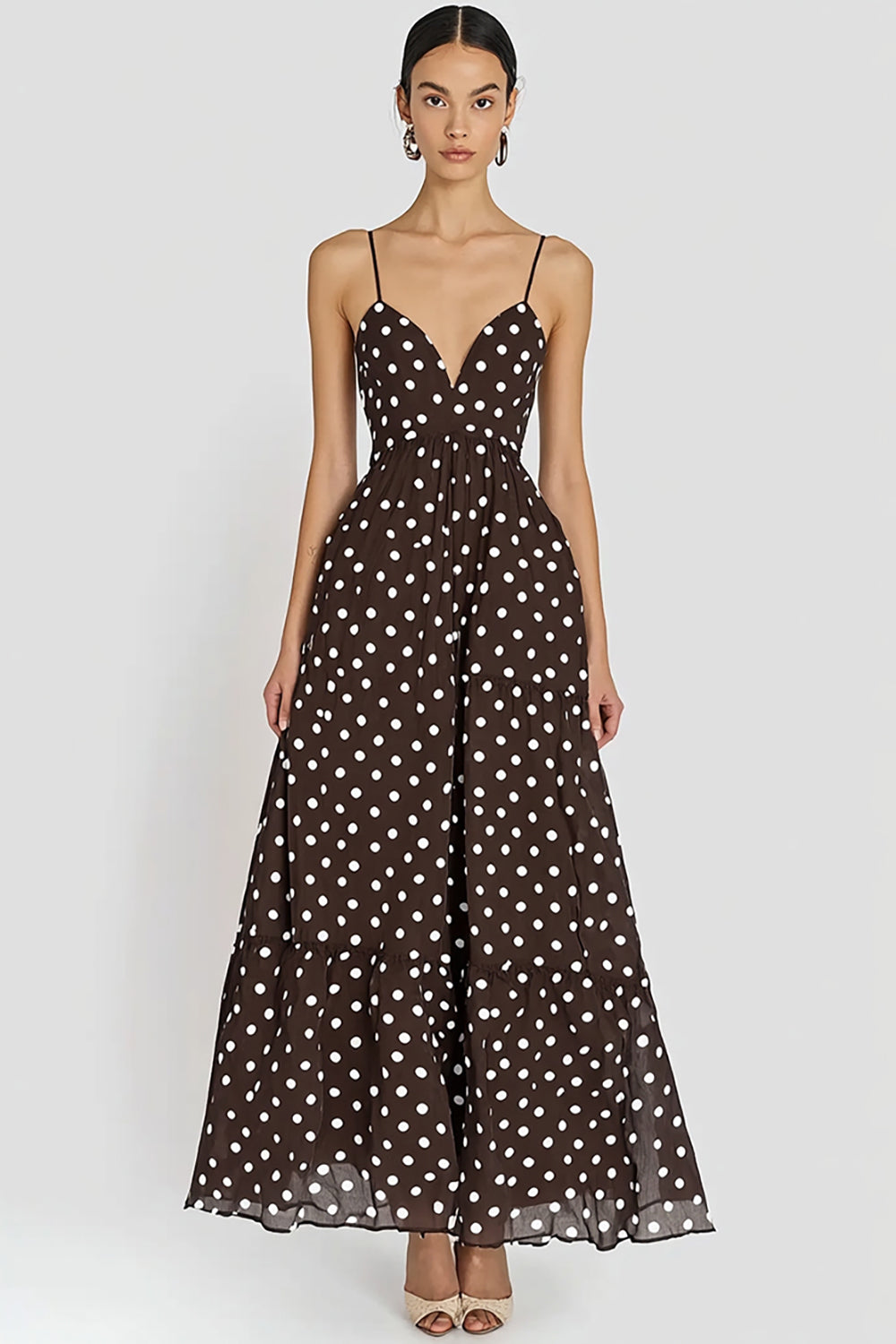 Kaffee Spaghetti-Träger A Linie Weißes Polka Dots Kleid