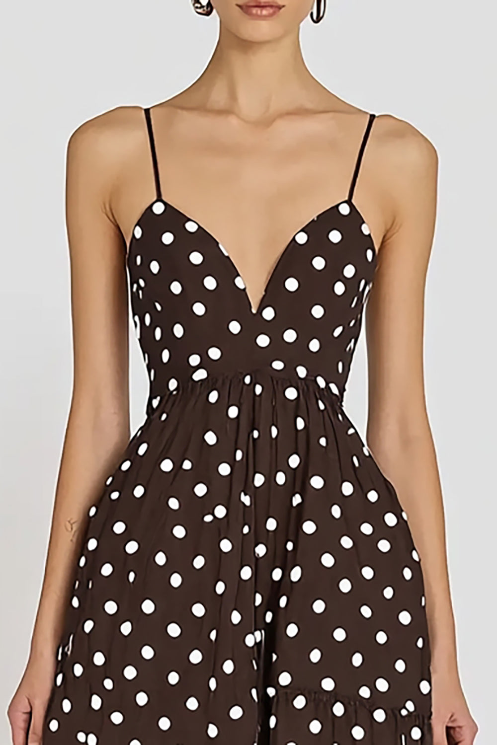 Kaffee Spaghetti-Träger A Linie Weißes Polka Dots Kleid