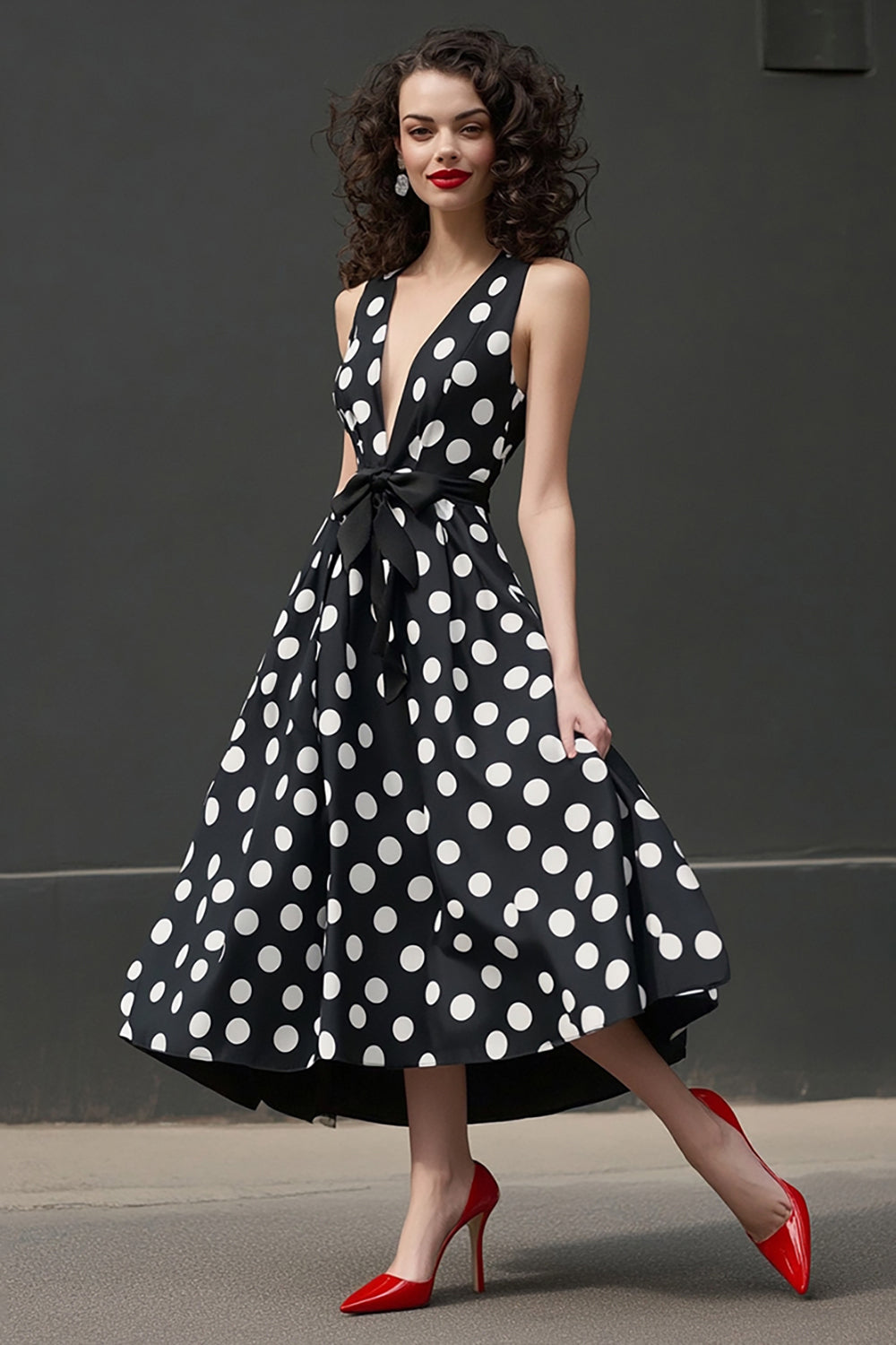 Schwarzes weißes A-Linie Kleid mit Polka Dots und V-Ausschnitt