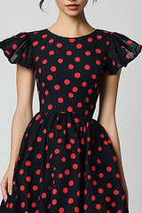 A Linie Kleid mit Rüschenärmeln und roten Polka Dots