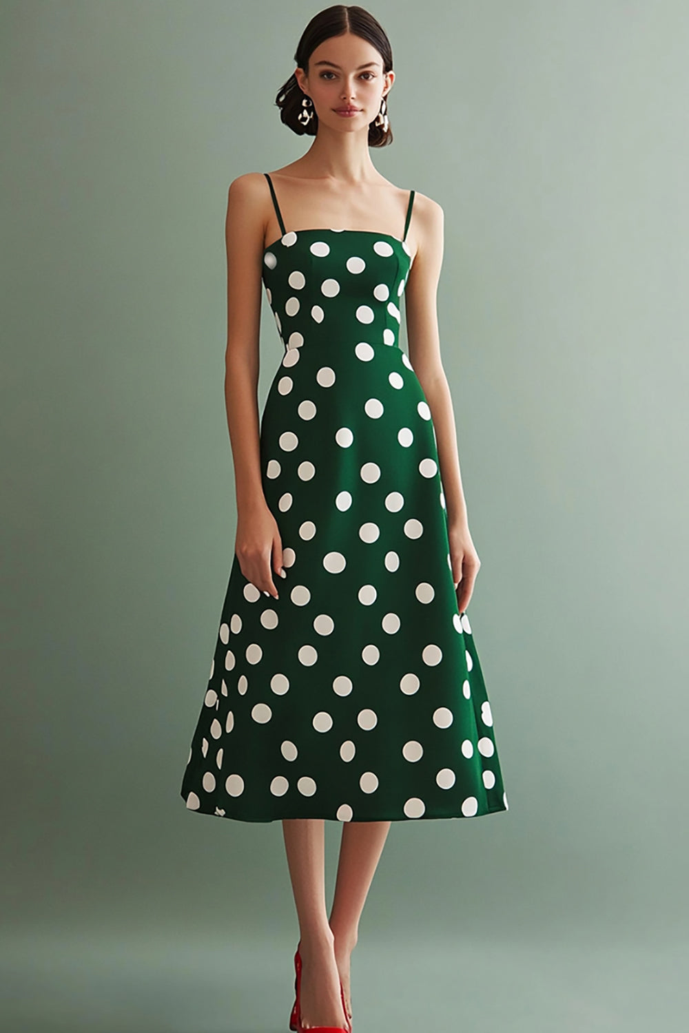 A Linie Spaghettiträger Grün Weiß Polka Dots Kleid
