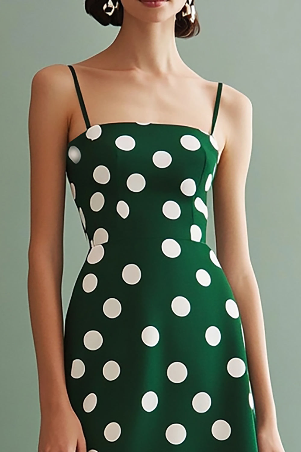 A Linie Spaghettiträger Grün Weiß Polka Dots Kleid