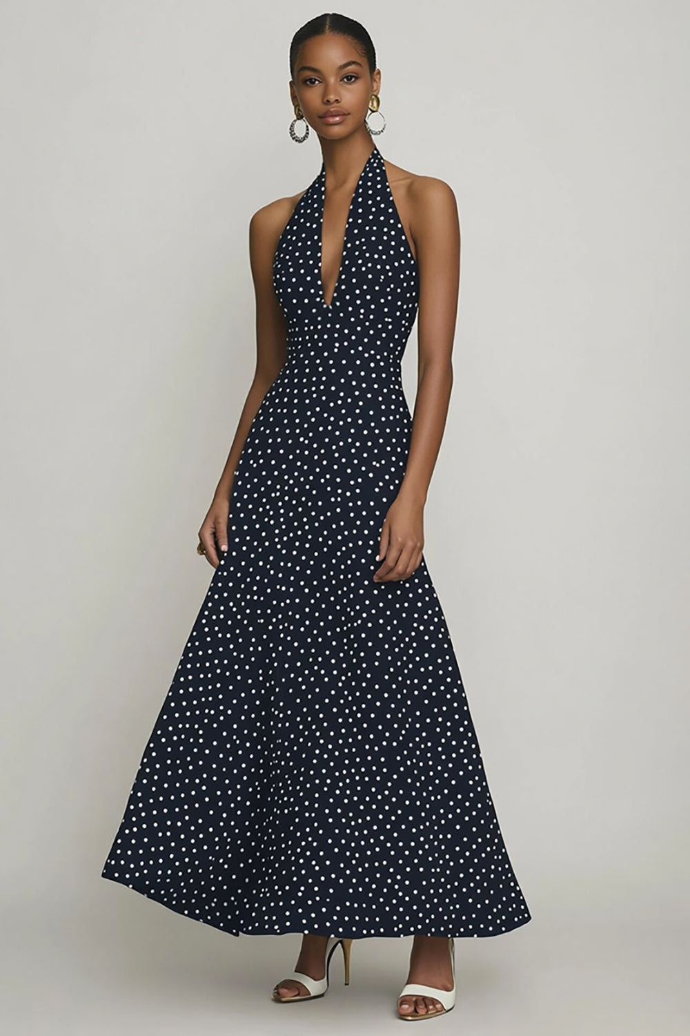 Chiffon Neckholder A-Linie Schwarz weißes Polka-Dots Kleid