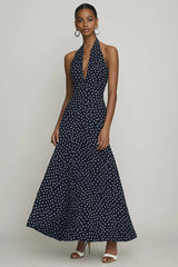 Chiffon Neckholder A-Linie Schwarz weißes Polka-Dots Kleid