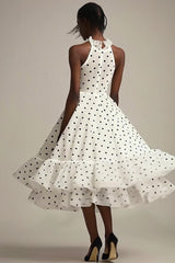 A Linie Rüschen Kleid mit hohem Ausschnitt in Weiß Schwarz mit Polka Dots