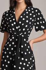 Schwarz Weiß A-Linie Polka Dots Kleid mit V-Ausschnitt und Schärpe