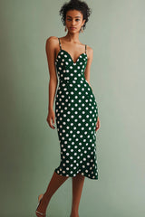 Grün Weiß Spaghettiträger Etui Midi Polka Dots Kleid