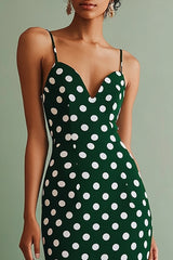 Grün Weiß Spaghettiträger Etui Midi Polka Dots Kleid
