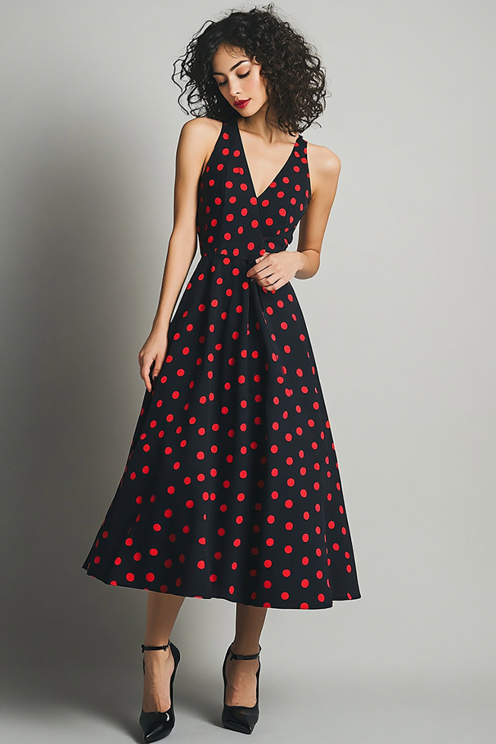 A-Linie V-Ausschnitt Schwarzes Rotes Kleid mit Polka Dots