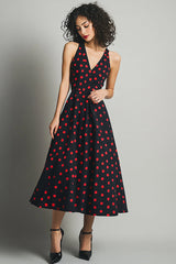 A-Linie V-Ausschnitt Schwarzes Rotes Kleid mit Polka Dots