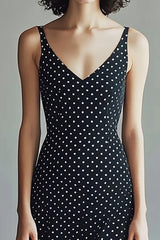 A-Linie V-Ausschnitt Spaghettiträger Schwarzes weißes Kleid mit Polka Dots
