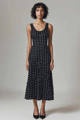 Schwarzes weißes Polka Dots Kleid mit Rundhalsausschnitt