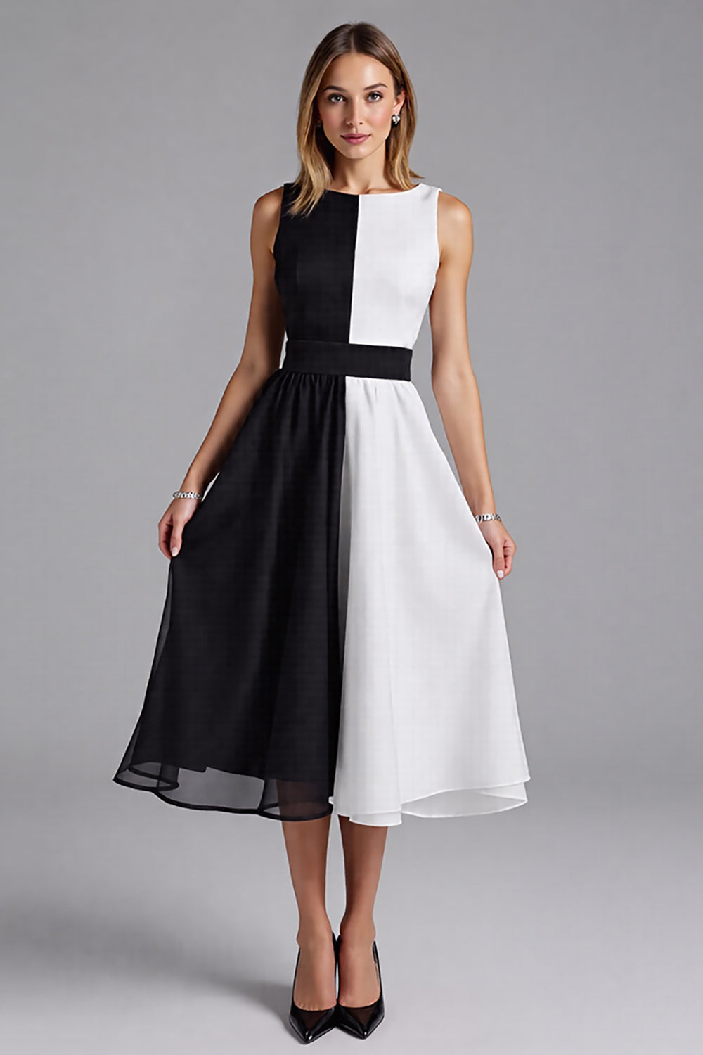 Schwarzes A-Linie Midi Ballkleid aus Chiffon mit U-Boot-Ausschnitt