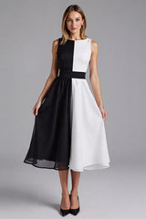 Schwarzes A-Linie Midi Ballkleid aus Chiffon mit U-Boot-Ausschnitt