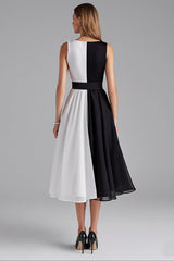 Schwarzes A-Linie Midi Ballkleid aus Chiffon mit U-Boot-Ausschnitt