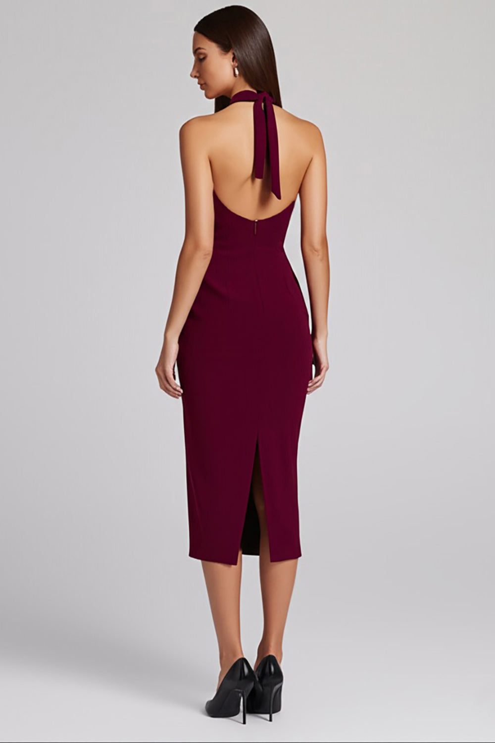 Burgunderrotes Etui Neckholder Midi Abendkleid mit Schlitz