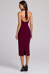 Burgunderrotes Etui Neckholder Midi Abendkleid mit Schlitz