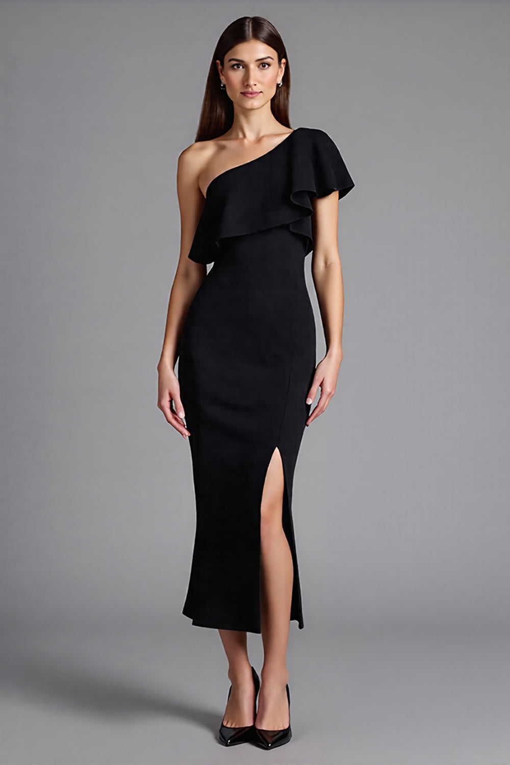 Schwarzes Langes Ballkleid mit einer Schulter und Rüschen