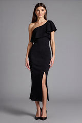 Schwarzes Langes Ballkleid mit einer Schulter und Rüschen