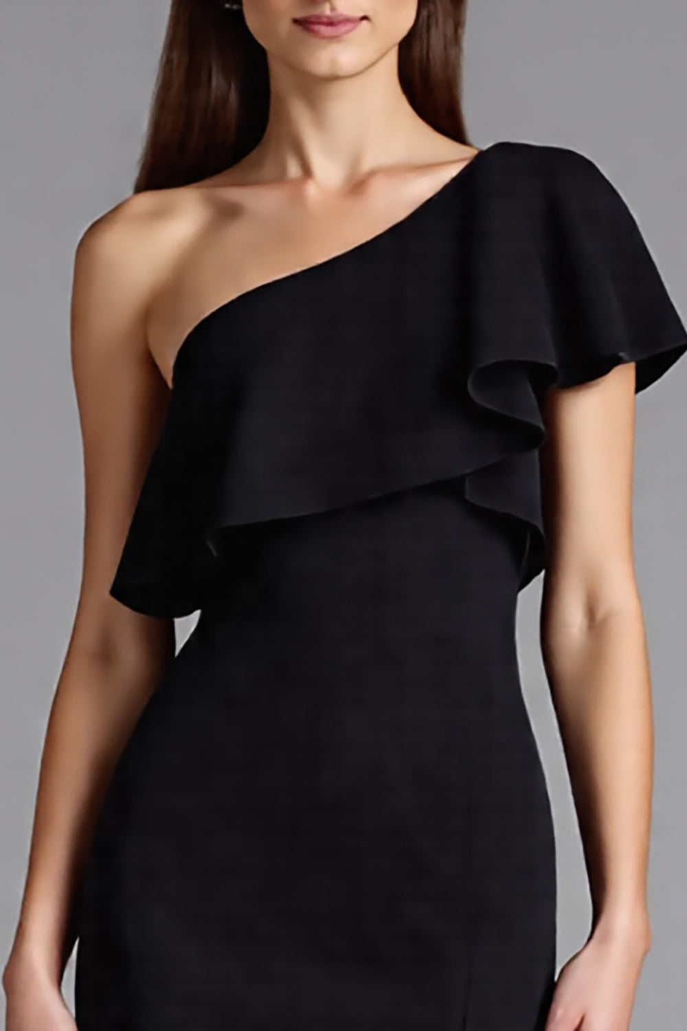 Schwarzes Langes Ballkleid mit einer Schulter und Rüschen