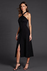 A Linie Neckholder Schwarzes Midi Abendkleid mit Schlitz